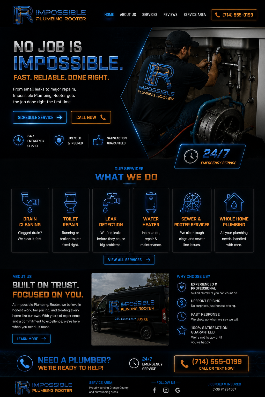 Impossible Plumbing Rooter website homepage showing plumber working on pipes with service offerings and contact information
