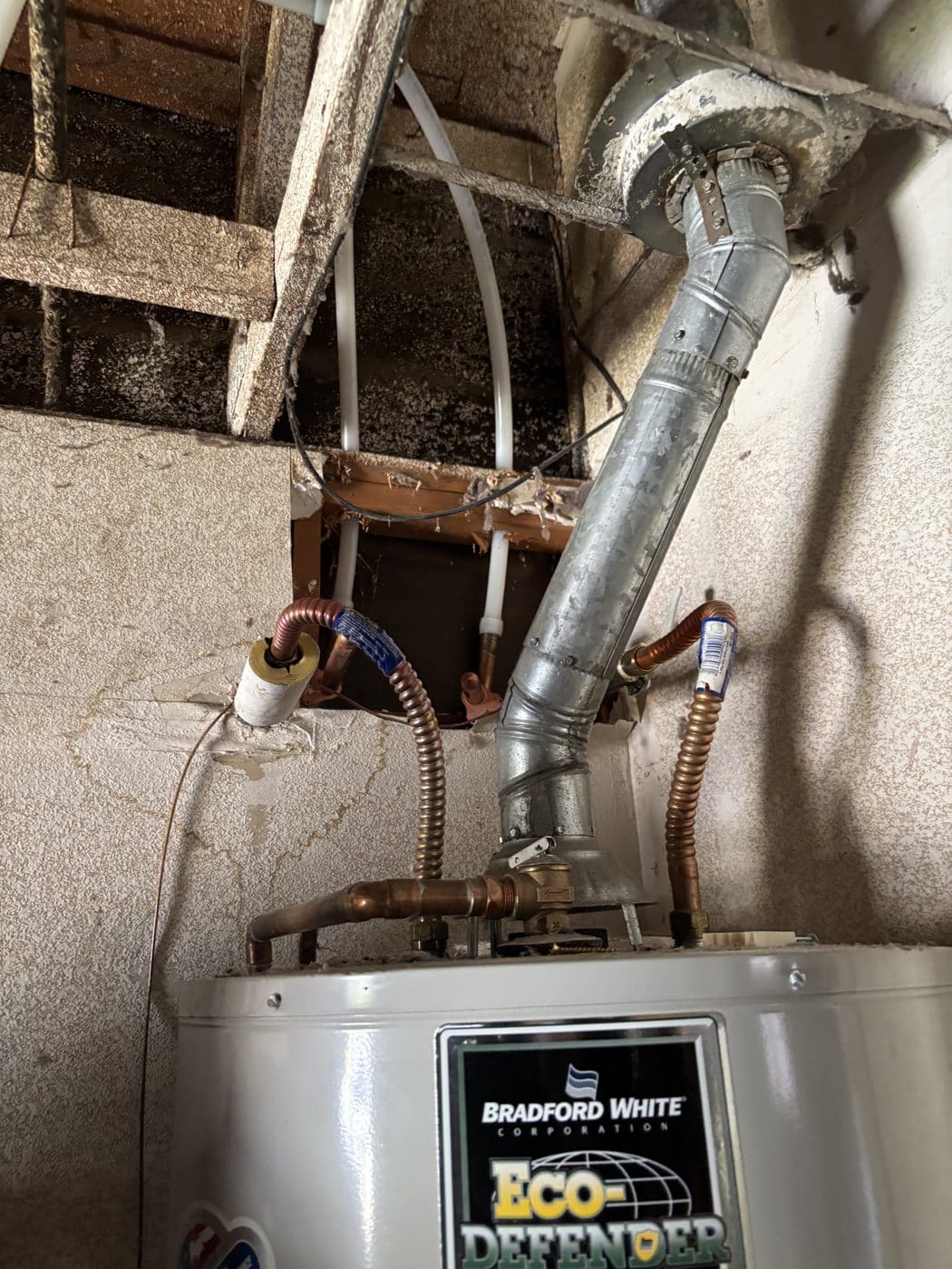 Water heater with copper supply connections and vent